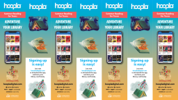 Several blue and yellow gradient bookmarks with a phone showing the hoopla app.
