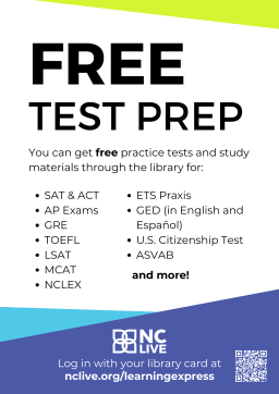 "Free test prep" in large font above a list of tests available in LearningExpress Library.