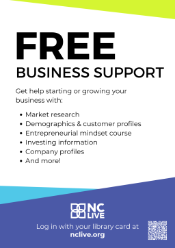"Free Business Support" in large text above a list of support that libraries can offer patrons.