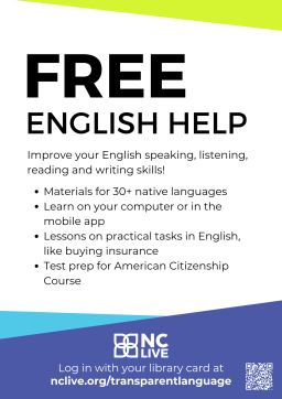 "Free English Help" above a list of features in Transparent Language that can help patrons learn English.