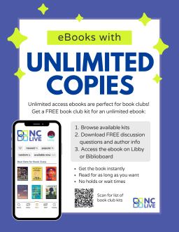 A purple outline around a blue headline reading "Unlimited Copies!" Below is a phone screen showing ebooks in the Libby app.