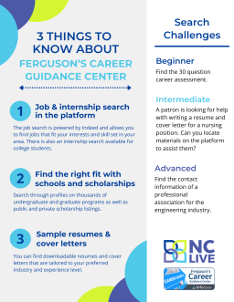 A gray and white infographic with tips for using Ferguson's Career Guidance Center.