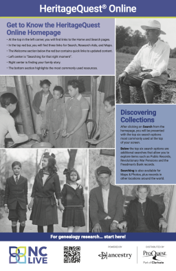 A collage of black and white photos of people interspersed with text about HeritageQuest.