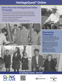 Black and white photos of people interspersed with information about HeritageQuest.