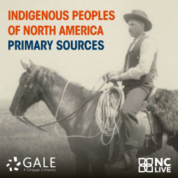 A black-and-white photo of a person riding a horse. On the left is text reading "Indigenous Peoples of North America Primary Sources."