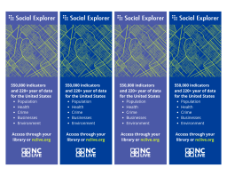 Two purple and two blue bookmarks (alternating) with a bright green city map print at the top and information about Social Explorer below.