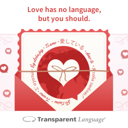 A pink envelope with a valentine coming out and text reading, "Love has no language, but you should."