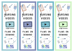 Four white bookmarks with cartoons of nursing supplies surrounding the text "Nursing Videos."