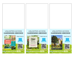 Three scenes of a field with a gardening ebook foregrounded. Next to the books are QR codes.