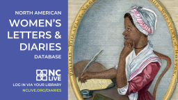 An illustration of Phyllis Wheatley to the right of access information for the North American Women's Letters and Diaries database.