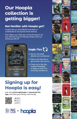 A collage of book covers next to information about hoopla through NC LIVE.
