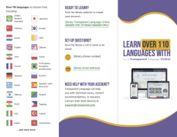 Three-panel brochure with national flag icons showing the languages someone can learn with Transparent Language.