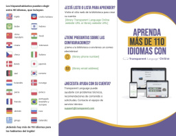 A three-panel brochure showing icons of national flags representing the 110+ languages someone can learn with Transparent Language.