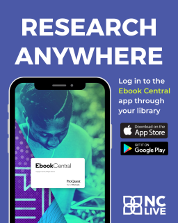 A phone showing the home screen of the Ebook Central app against a purple background. Above is white text reading, "Research anywhere."