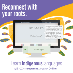 A computer screen showing Transparent Language and a tag line reading, "Reconnect with your roots."
