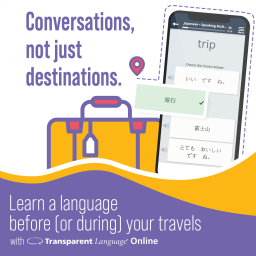 A phone screen showing Transparent Language with the tag, "Conversations, not just destinations."