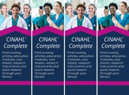 Four blue bookmarks with photos of nurses smiling at the top. In the middle is information about CINAHL Complete.
