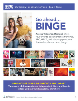 Two people and a dog holding up a remote toward a camera. Below are images are movies available on Access Video on Demand.