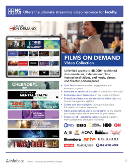 A professor wearing glasses and standing in front of a class. Below are images of Films on Demand.