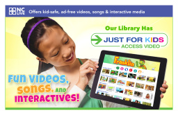 A child holding a tablet showing Just for Kids videos.
