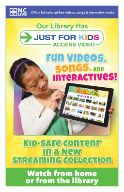 A girl holding a tablet showing streaming videos available on Just for Kids.
