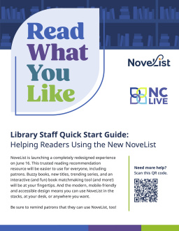 "Read What You Like" typed within a blue leaf shape. Below is text about NoveList Plus and a QR code.
