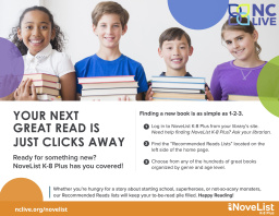 Four children holding stacks of books above information about NoveList.