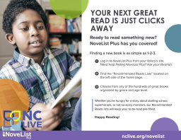 A kid reading next to information about NoveList.