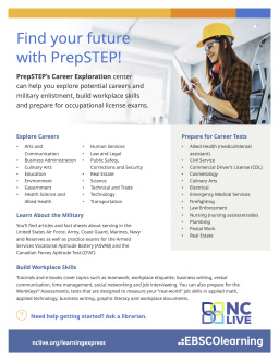 A person wearing a construction hat and holding a clipboard next to information about PrepSTEP.