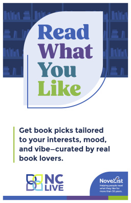 "Read What You Like" typed within a blue leaf shape. Below is text about NoveList Plus and a QR code.