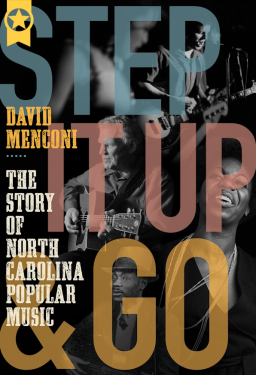 A black and white photo of someone playing a saxophone behind giant text reading, "Step it up and go."