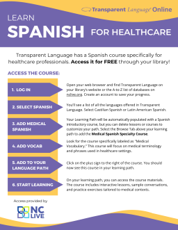 A purple and yellow infographic with steps to access the medical Spanish course in Transparent Language.