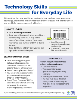 A walkthrough of using a library card to log into resources that explain how to use computers, the internet, and other technology.