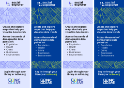 Purple and blue bookmarks with information about Social Explorer.