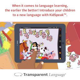 A cartoon tablet showing KidSpeak by Transparent Language Online.