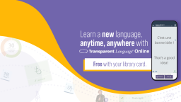 Yellow and purple banner advertising language learning through the library.