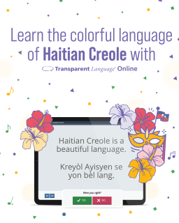 A cartoon tablet showing a Haitian language lesson.