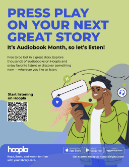 A cartoon person listening to an audiobook by text reading, "Press play on your next great story."