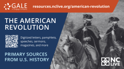 A painting of George Washington next to information about accessing Gale primary sources on the American Revolution.