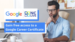A man working at a computer next to text reading, "Gain access to a Google Career Certificate."
